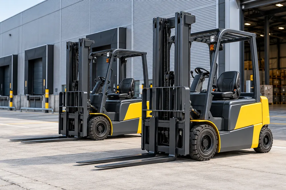 Electric counterbalance forklifts parked outside a warehouse loading area