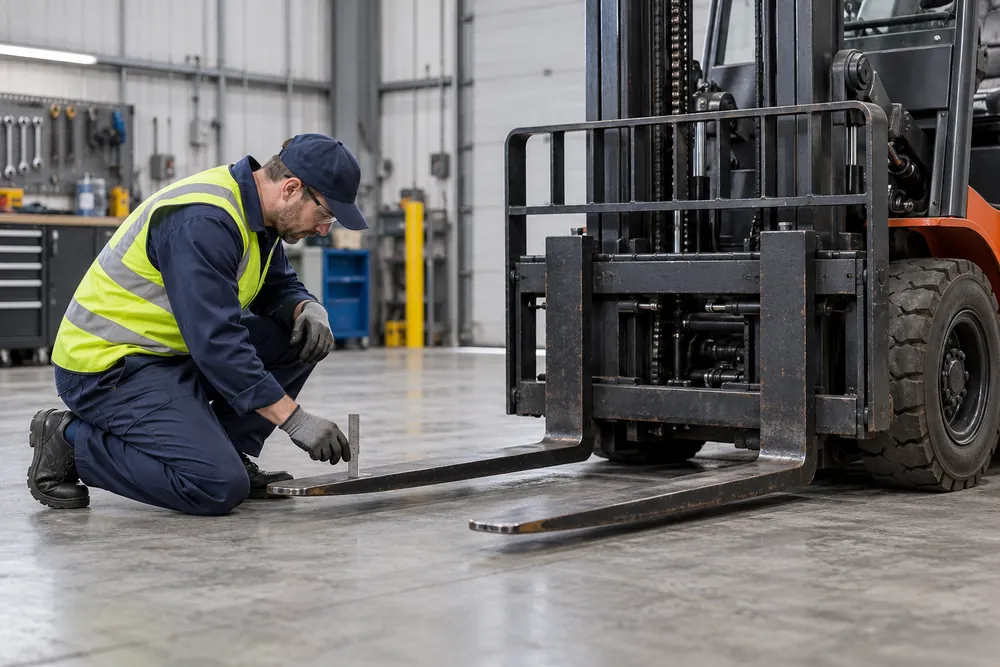 Inspection technician measuring lowered forklift forks in a workshop