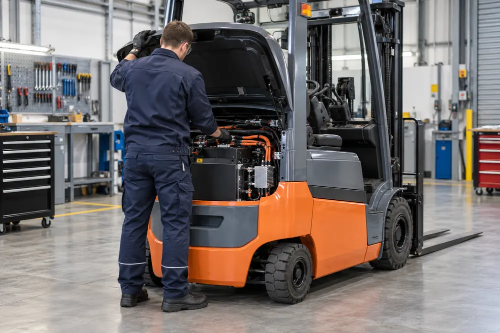 Technician inspecting an isolated forklift in an industrial workshop