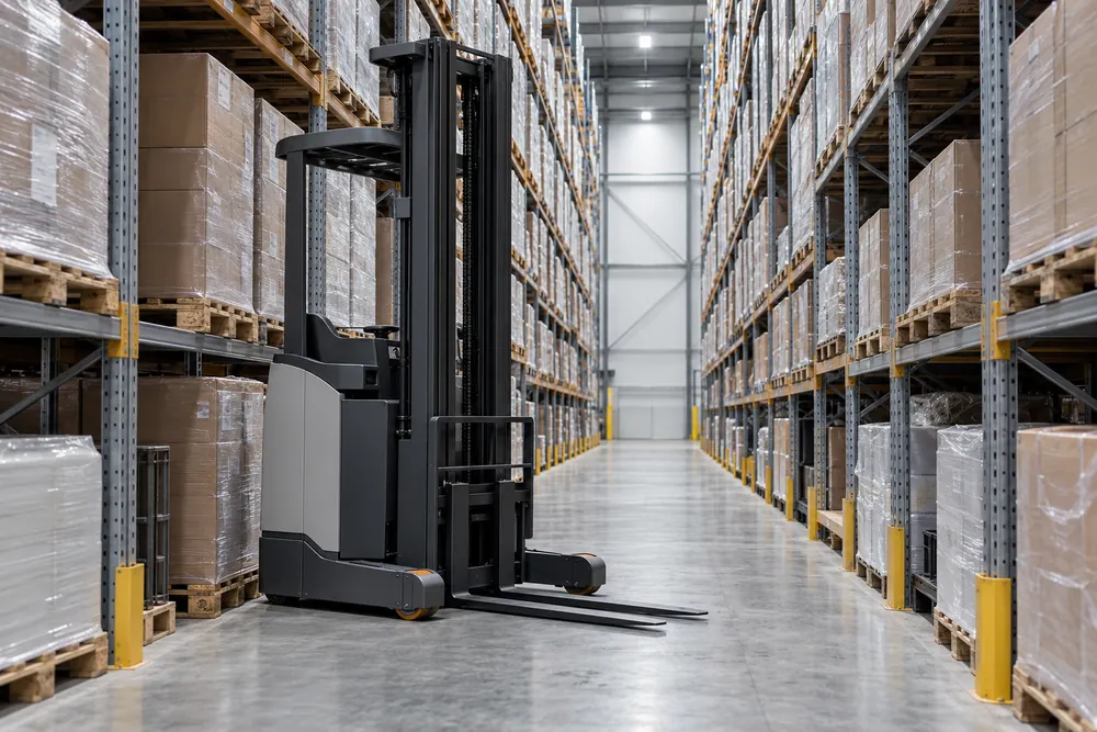 Reach truck with lowered forks beside tall warehouse pallet racking